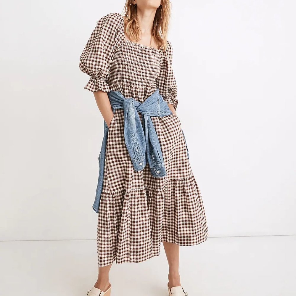 Madewell Brown and Cream Gingham Midi Dress